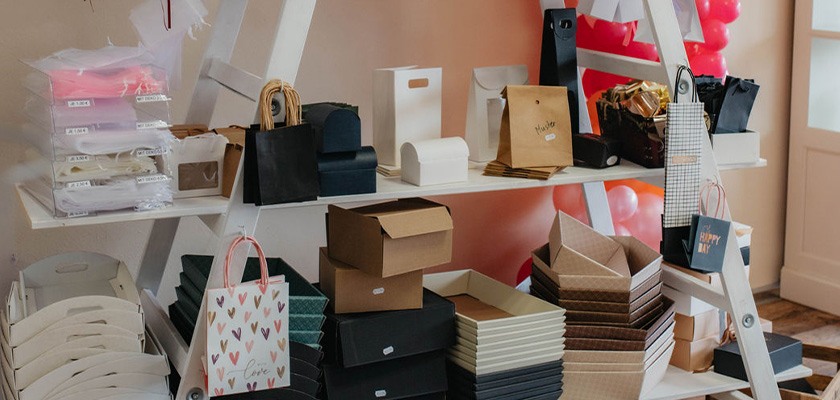 Regale voller bunter Geschenkboxen und Tüten in verschiedenen Formen und Größen